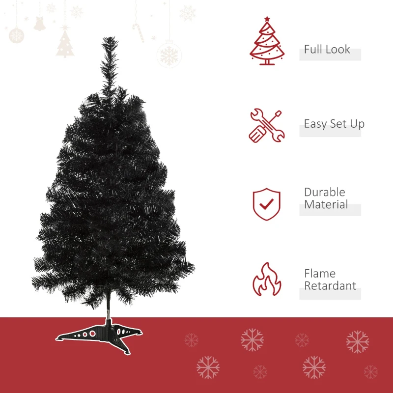 HOMCOM 3ft Artificial Christmas Tree Unlit Douglas Fir with Realistic Branches and 90 Tips, Black Halloween Style Holiday Decoration