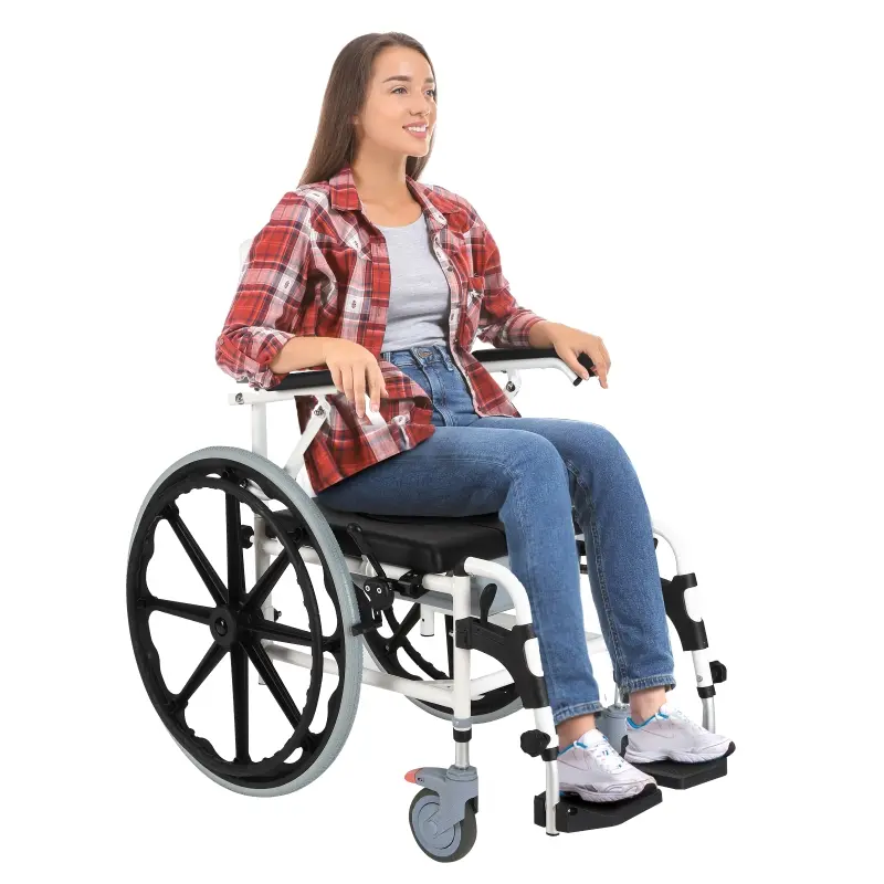 HOMCOM Rolling Shower Wheelchair Bath Toilet Commode Bariatric with Wheels, Detachable Bucket & Shower-Proof Design, 17" Seat Width, Black