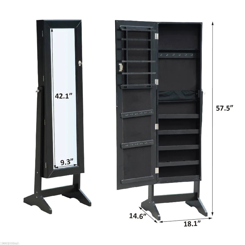 HOMCOM Mirrored Jewellery Cabinet Armoire Stand Organizer for Rings Earrings Bracelets Lockable Black