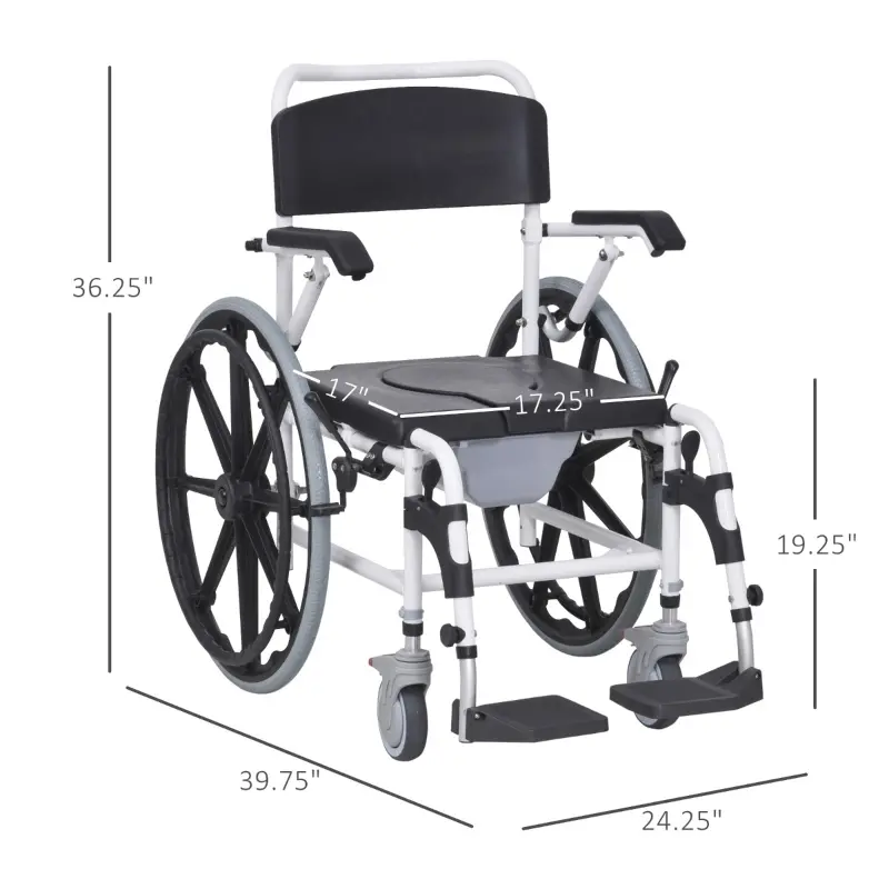 HOMCOM Rolling Shower Wheelchair Bath Toilet Commode Bariatric with Wheels, Detachable Bucket & Shower-Proof Design, 17" Seat Width, Black