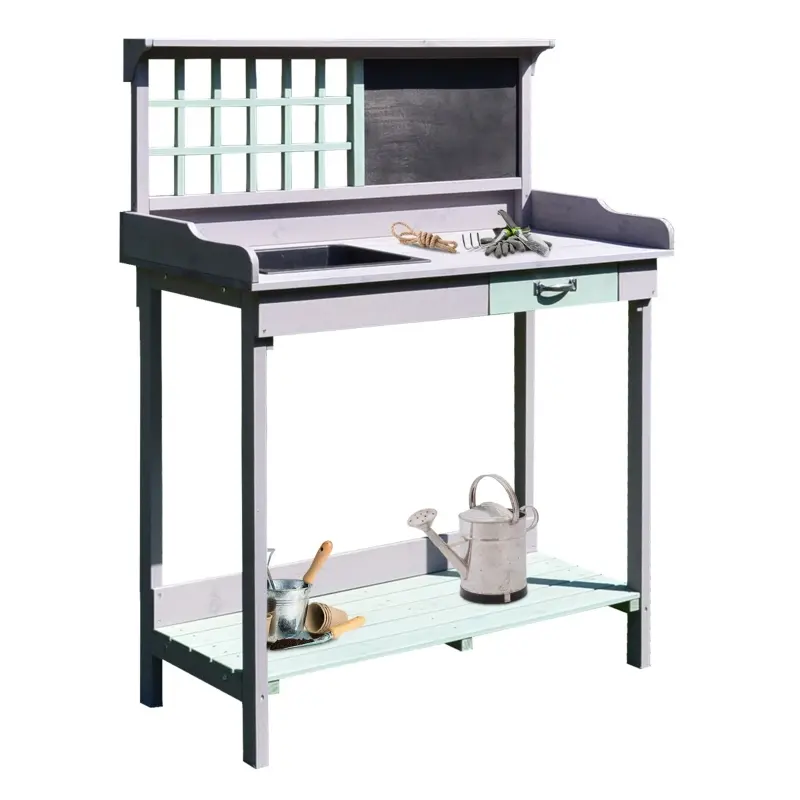 Outsunny Outdoor Wooden Potting Bench Table with Removable Sink, Garden Work Bench with Chalkboard, Drawer, Open Shelf Storage, Light Gray