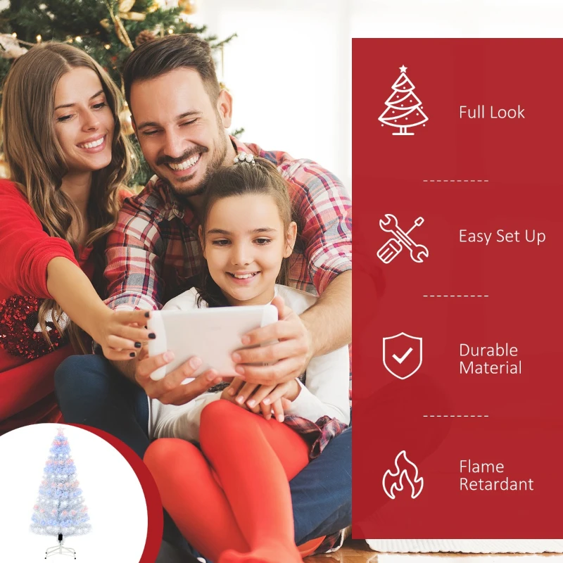 HOMCOM 5ft Prelit Artificial Christmas Tree with LED Lights, Multicolored Fiber Optics and Realistic Branch Tips, White