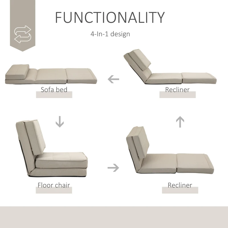 HOMCOM Convertible Flip Chair, Folding Upholstered Floor Sofa, Adjustable Guest Chaise Lounge, Dorm Bed with Metal Frame for Living Room and Bedroom, Gream White