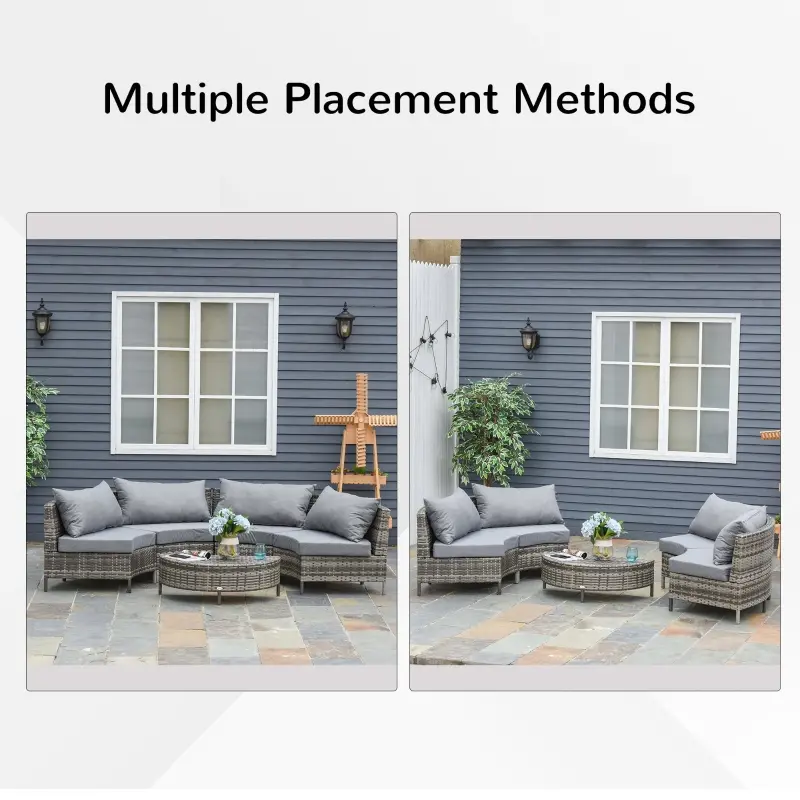 Outsunny 5PC Outdoor Patio Furniture Set Garden Rattan Wicker Sofa Cushioned Half-Moon Seat Deck w/ Pillow Grey