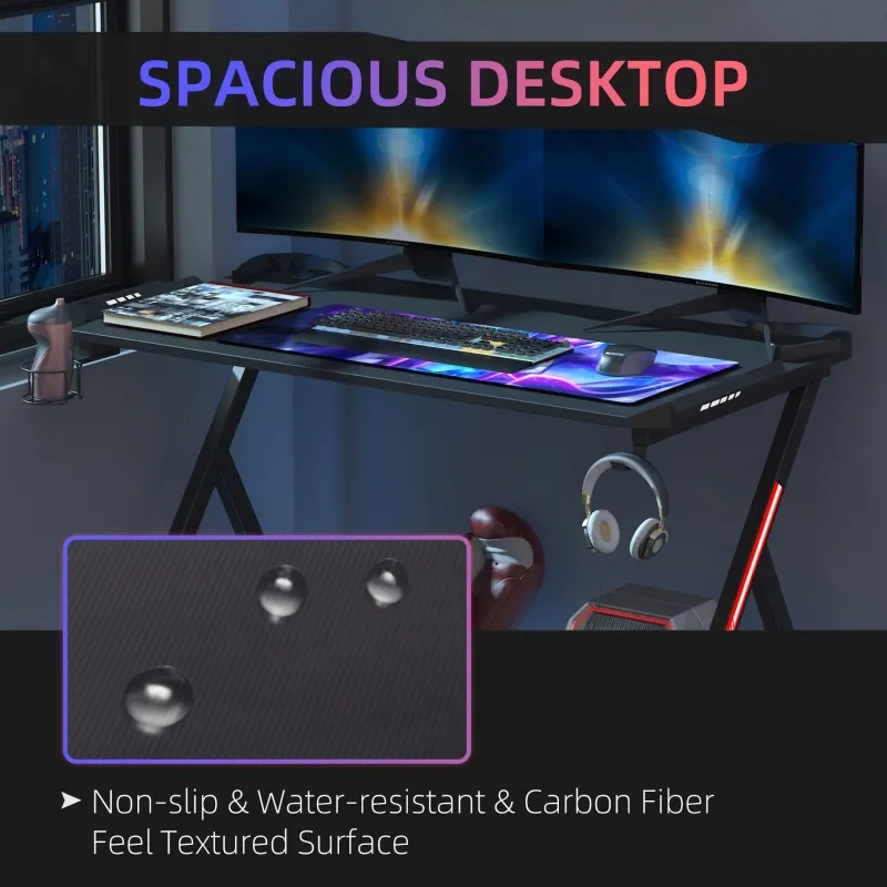 HOMCOM 55" Gaming Desk Racing Style Computer Table with LED Light Cup Gamepad Holder Headphone Hook Cable Management E-sport Study Workstation, Black