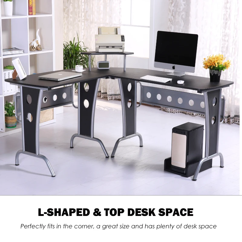 HOMCOM 65" L-Shape Desk Corner Computer Table Space Saving Home Office Wood with CPU Stand Black