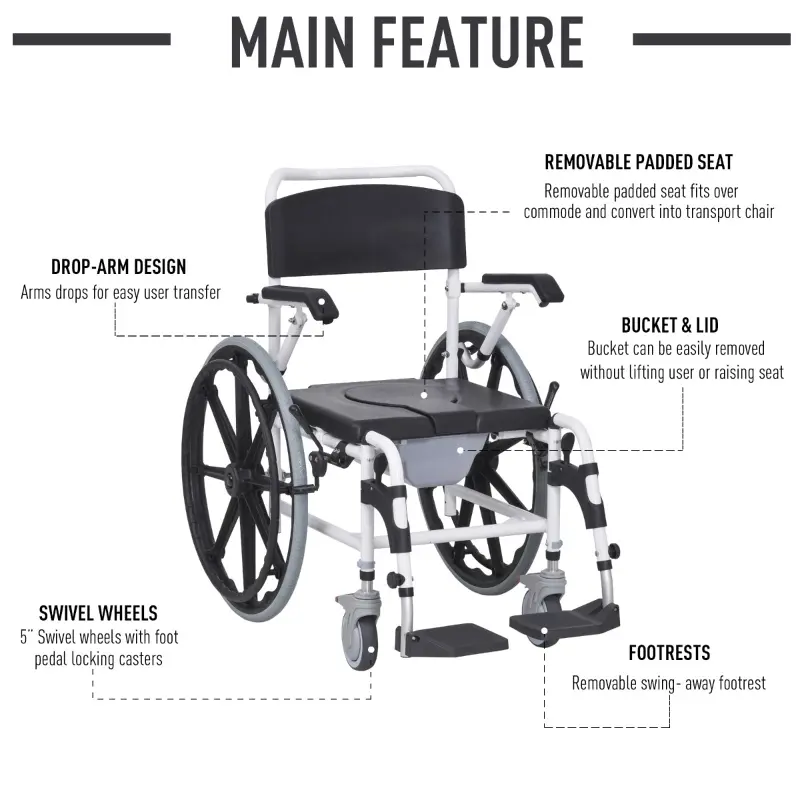 HOMCOM Rolling Shower Wheelchair Bath Toilet Commode Bariatric with Wheels, Detachable Bucket & Shower-Proof Design, 17" Seat Width, Black