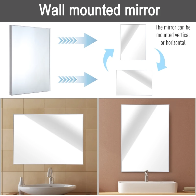 kleankin 24”Lx32”W Wall Mounted Bathroom Vanity Wall Mirror Rectangular Aluminum Alloy Frame Horizontal/Vertical Hanging