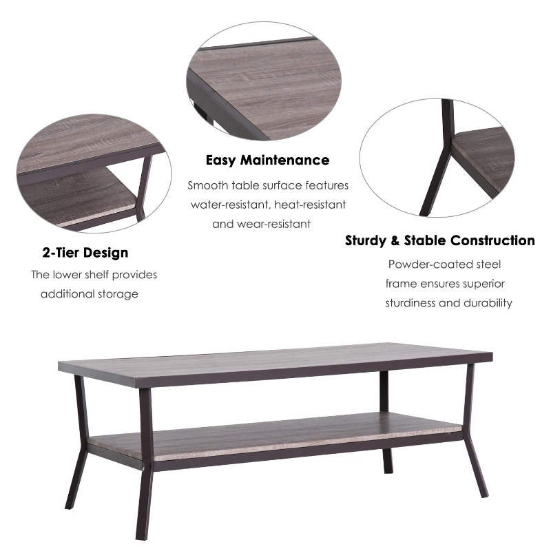 Open Box HomCom Rustic Industrial Minimal Two Tier Wooden Coffee Table - Light Brown Woodgrain