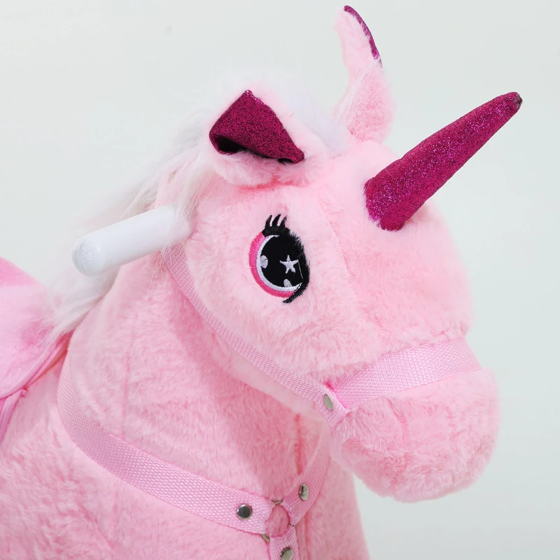 Qaba Kids Plush Toy Rocking Horse Unicorn with Realistic Sounds - Pink