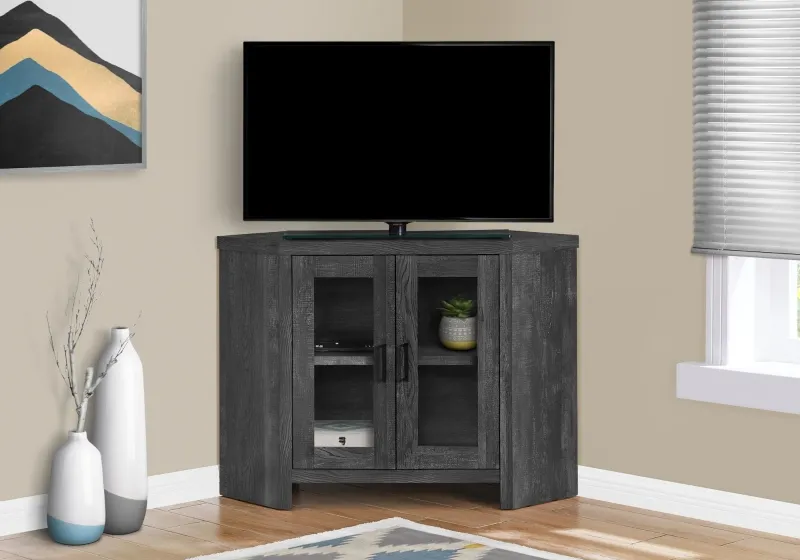 Monarch 42" Corner TV Stand and Cabinet with Glass Doors and Reclaimed Wood-Look Finish - Black