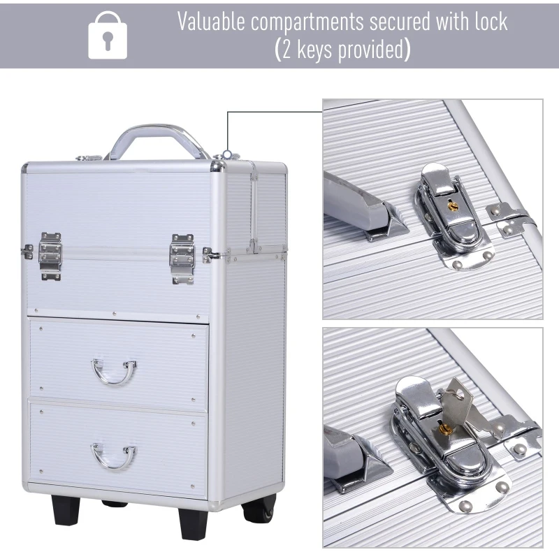 HOMCOM Professional Rolling Full Makeup Travel Train Case, Large Storage Cosmetic Trolley with Folding Trays, Drawer and Locks, Silver