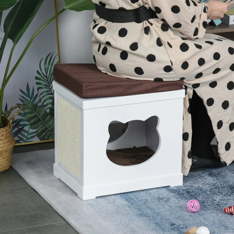 PawHut Wooden Cat Bed Cube House with Soft Padded Cushions, 2 Exterior Scratching Boards, & Interior Space, White