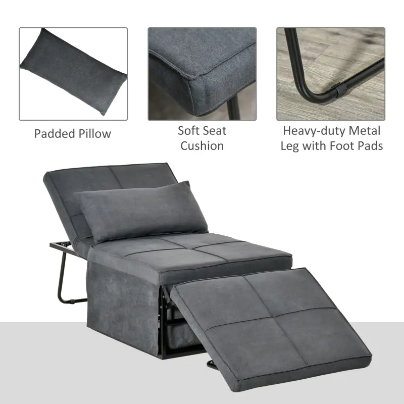 HOMCOM 4-in-1 Multi Function Folding Single Sofa Bed with Retractable Footrest, Convertible Sleeper with Adjustable Backrest For Living Room and Small Spaces, Dark Grey