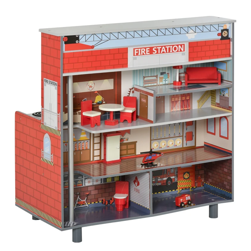 Qaba Kids Play Set 2 in 1 Multifunction Kitchen and Doll House with Realistic Function