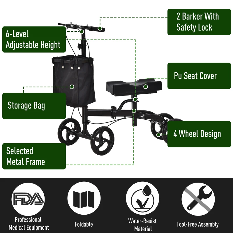 HOMCOM Knee Walker w/ Basket Safety Lock Crutch Alternative PU Seat Rehabilitating Rollator Black