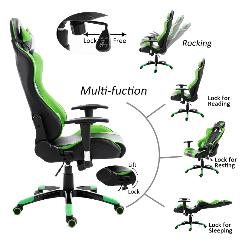 HOMCOM Executive Gaming Racing Office Chair with Waist Neck Cushions 360° Swivel (Green/Black)