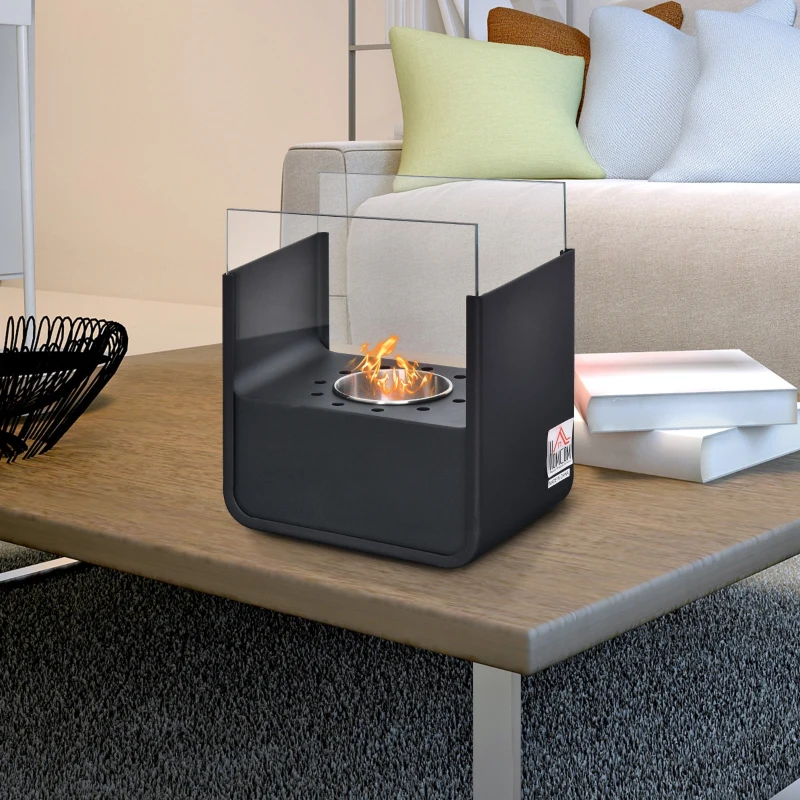 HOMCOM Ethanol Fireplace, 7.75" Tabletop 0.10 Gal, Stainless Steel, Burns up to 2 Hours, Black