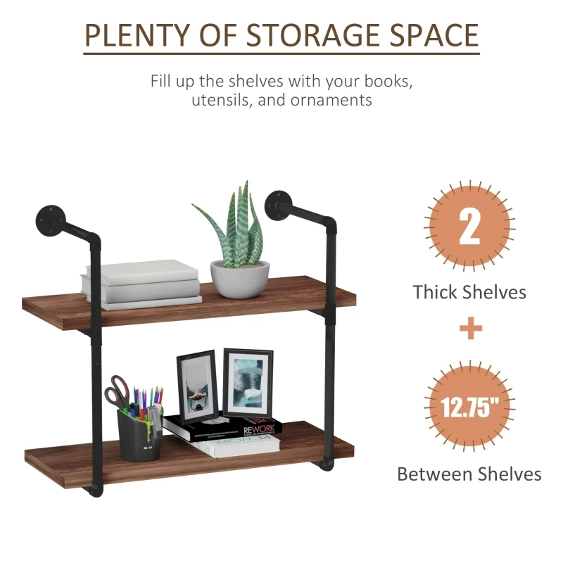 HOMCOM 2-Tier Industrial Pipe Shelves, Floating Wall Mounted Bookshelf, Metal Frame Display Rack for Living Room or Bedroom, Rustic Brown