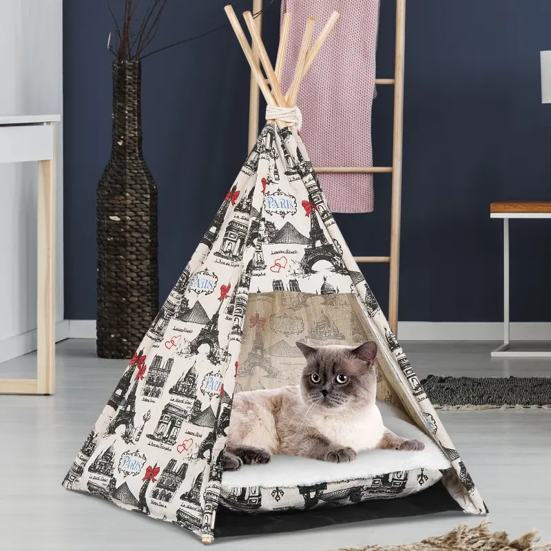 PawHut Foldable Teepee Puppy Dog Cat Bed Tents & Houses Pet Small Washable with Cushion