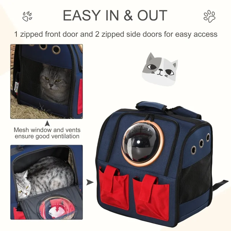PawHut Foldable Pet Carrier Backpack with Two Storage Packets, Breathable Mesh, Transparent Window & Adjustable Shoulder Strap for Small Cats & Dogs Travel Hiking, Blue