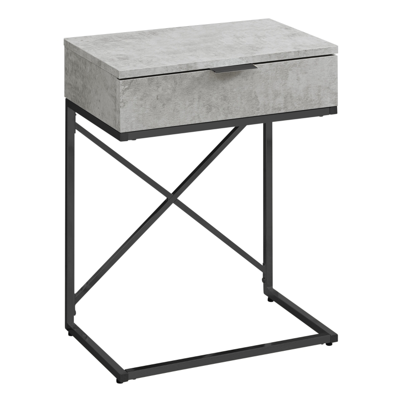 Monarch 24" Contemporary End Table Night Stand with Large Storage Drawer and Metal X-Design Frame - Grey Cement-Look / Black Nickel Base