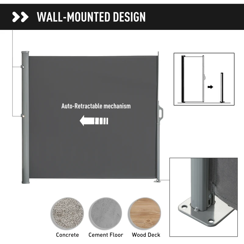 Outsunny 10' Retractable Folding Patio Privacy Side Awning with 50+ UV Protection, 2 Wall Brackets, & Polyester, Grey