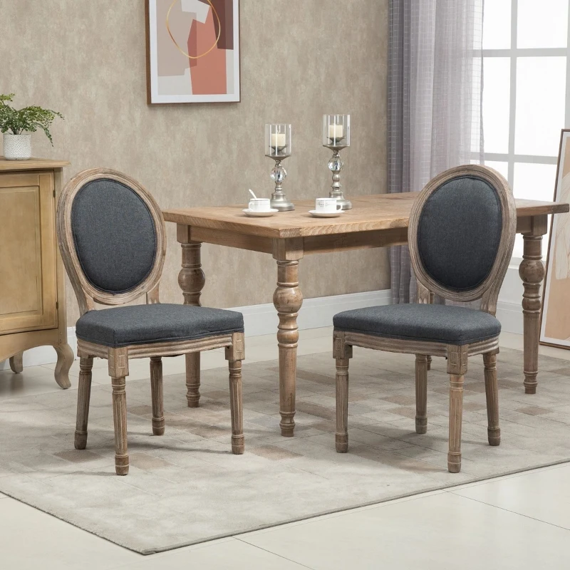 HOMCOM Vintage Armless Dining Chais Set of 2, French Chic Side Chairs with Curved Backrest Linen Upholstery for Kitchen Living Room, Grey