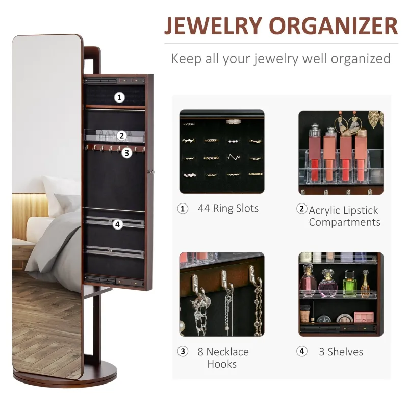 HOMCOM Full Length Glass Mirror with Hidden Jewelry Cabinet and Pine Wood Clothing Rack, Coffee Brown