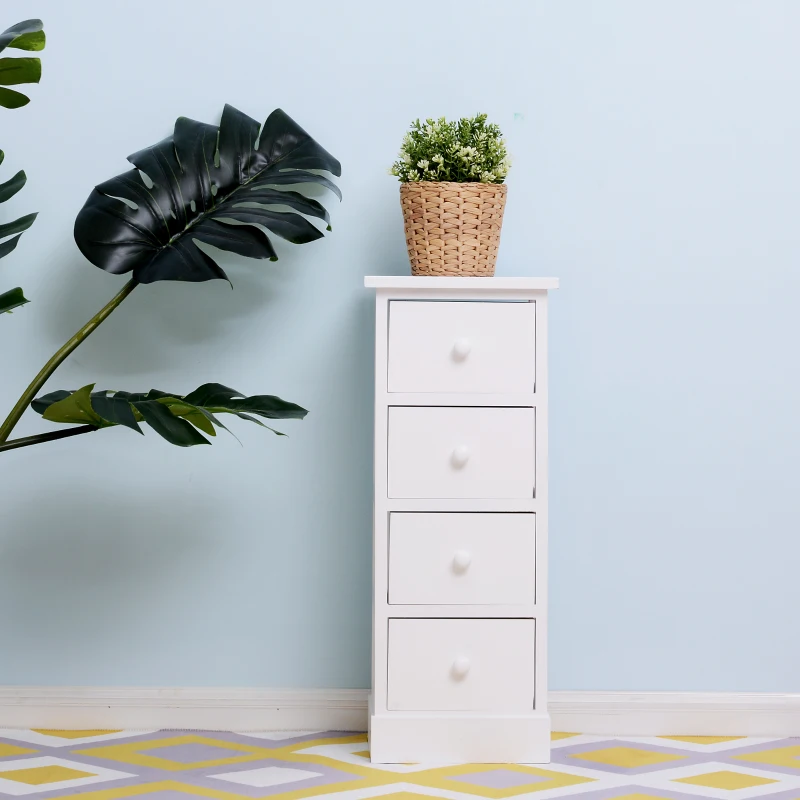 HOMCOM Set of 2 Wood Cabinet Tall Bedside Table Nightstand Storage Unit with 4 Drawers White