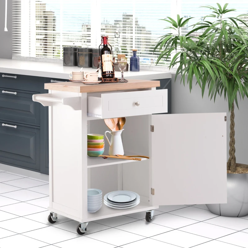 Open Box HOMCOM 27.5" Pine Wood Bamboo Portable Rolling Kitchen Island Cart with Wheels - White