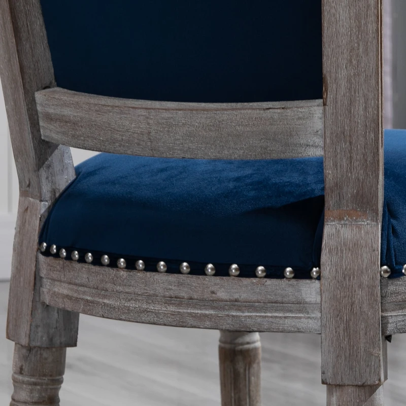 HOMCOM Vintage Upholstered Dining Chairs Set Of 2 with Nailhead Trim , Thick Padded Seat Cushions, and Wood Legs, Blue