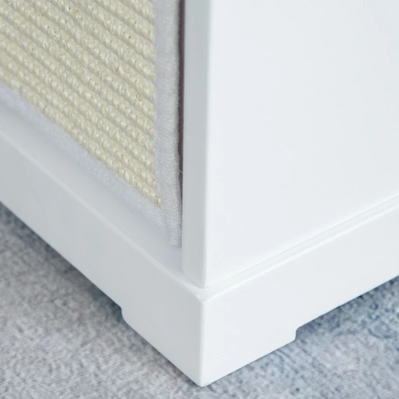 PawHut Wooden Cat Bed Cube House with Soft Padded Cushions, 2 Exterior Scratching Boards, & Interior Space, White