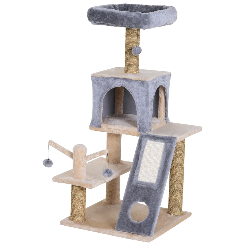 PawHut Cat Tree Tower with Natural Seaweed Scratch Posts Plush Perch  Ladder and Teasing Toy Ball