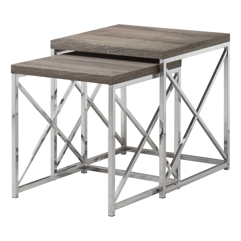 Monarch Contemporary 2 Piece Chrome Frame Accent Side Nesting Table Set - Dark Taupe Wood Grain-Look Finish