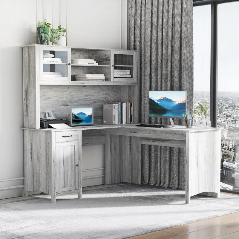 HOMCOM L-Shaped Desk with Hutch, Computer Desk with Drawers, Home Office Corner Desk Study Workstation Table with Storage Cabinets Shelves, Grey