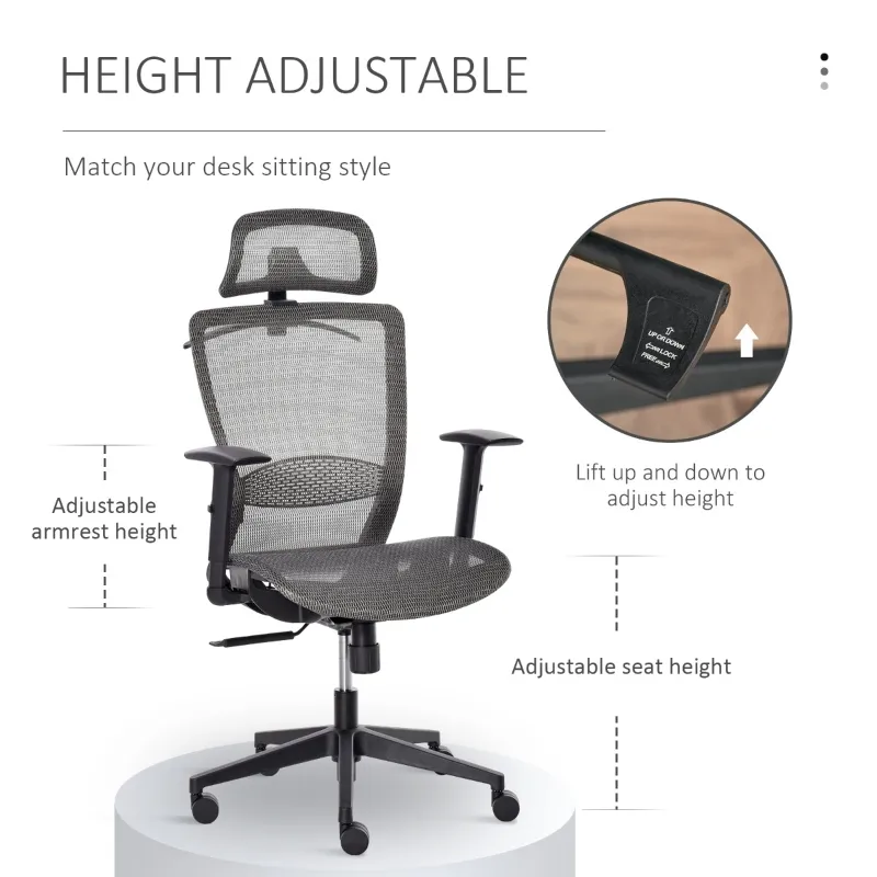 Vinsetto High-Back Mesh Home Office Chair with Coat Hanger, Computer Task Chair with Adjustable Height, Arms, Headrest and Lumbar Support, 360° Wheels and Seat, Reclining Function, Grey