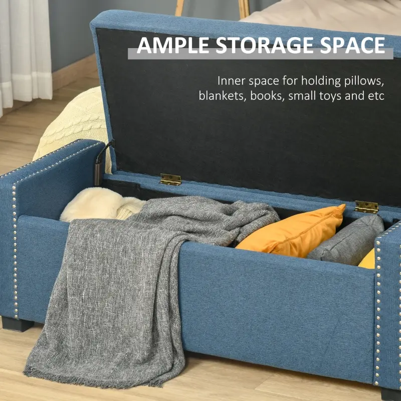 HOMCOM Nailhead Trim Upholstered Flip Top Storage Bench, Fabric Ottoman for Bedroom, or Living room, Blue