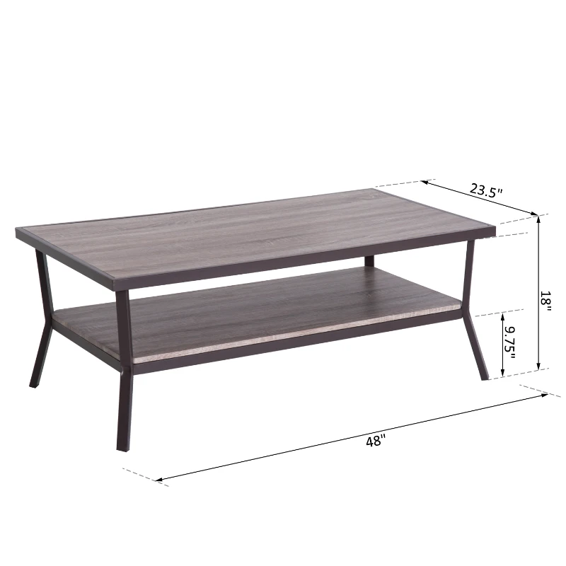 Open Box HomCom Rustic Industrial Minimal Two Tier Wooden Coffee Table - Light Brown Woodgrain