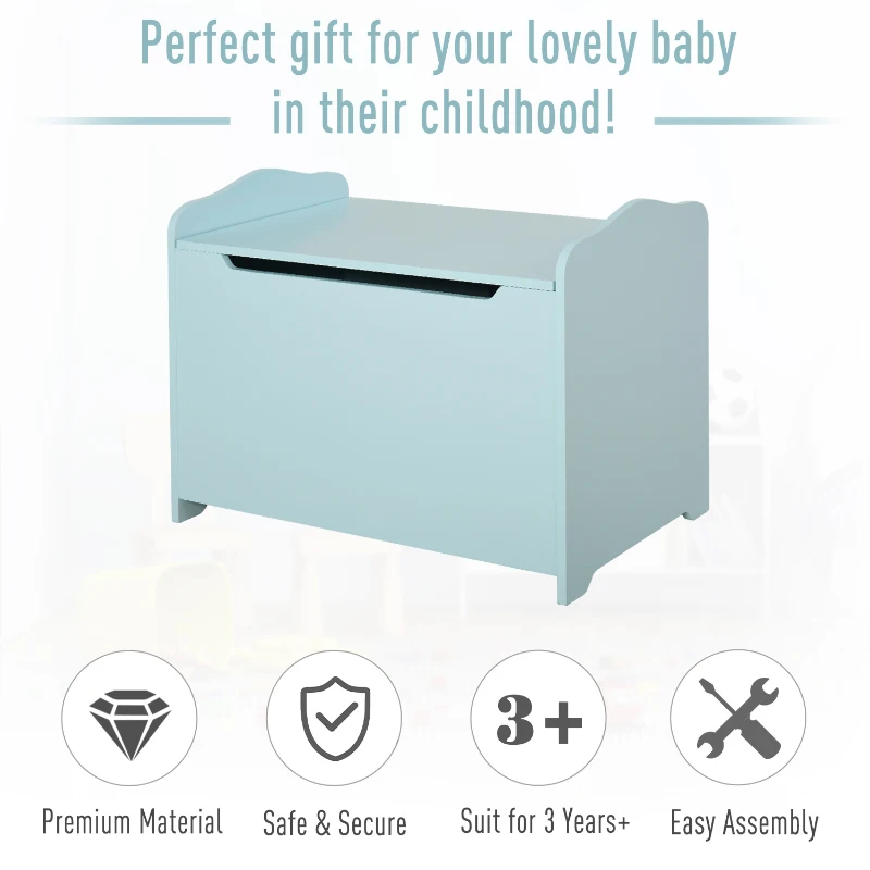 Qaba Kids Toy Chest Wooden Toy Storage Organizer Chest Box with Magnetic Hinge, Large Storage Space, & Groove Handle, Blue