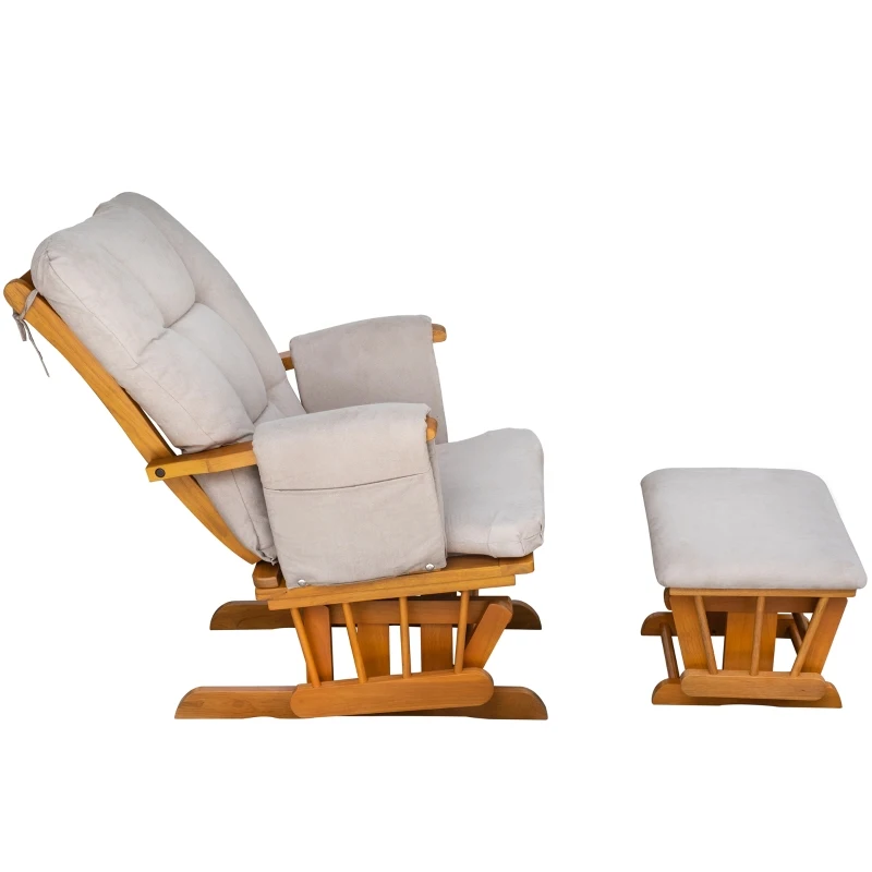 HOMCOM Indoor 2 Piece Glider & Ottoman Adjustable Reclining Function with Rubber Wood Base and Cushion, Wood/Cream White