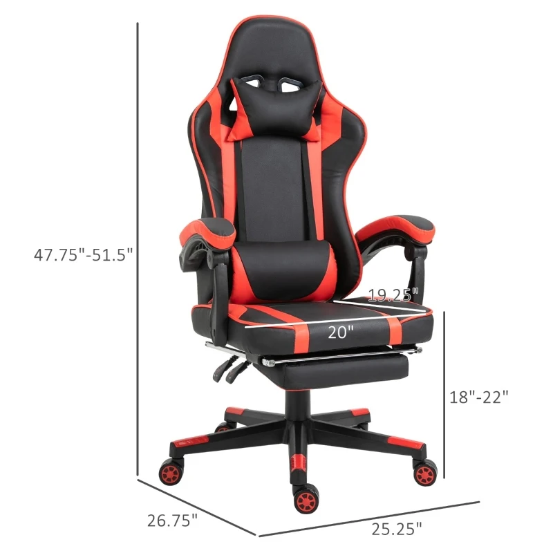 Vinsetto High Back Gaming Chair, PU Leather Racing Style Gamer Computer Chair with Retractable Footrest with Lumbar Support, Pillow and Adjustable Padded Armrests, Red