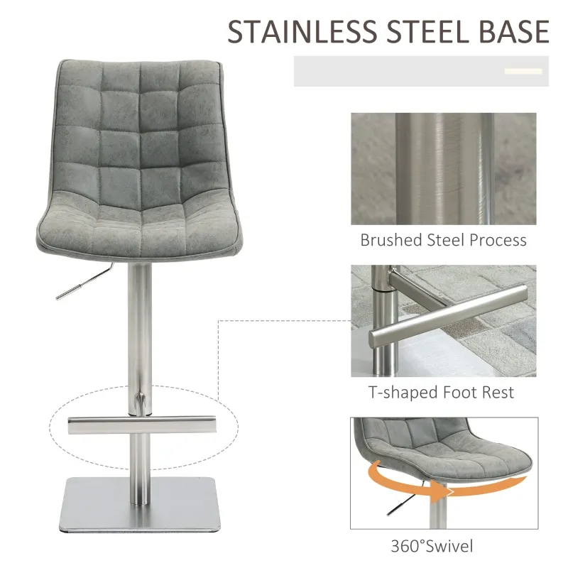 HOMCOM Vintage PU Leather Bar Stool with Stainless Steel Base, Adjustable Counter Height Bar Chair Swivel Barstool with Back, Footrest, Grey