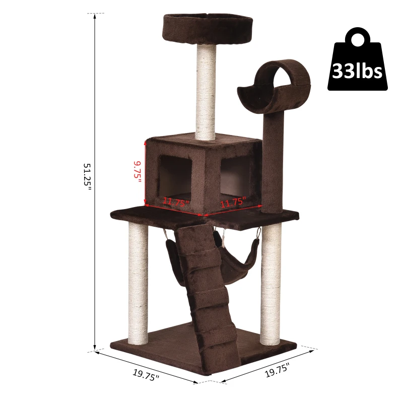 PawHut 51”H Cat Tree Scratching Multi-level Tower Kitten Condo Play House Brown