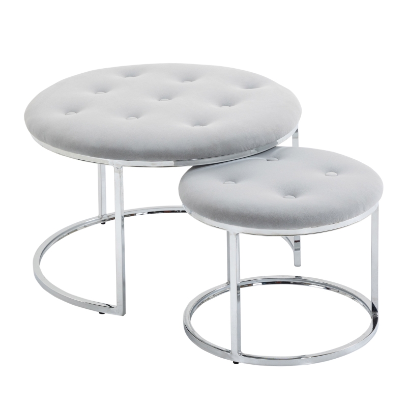 HOMCOM Nesting Coffee Table Set of 2, Round End Tables with Button Tufted Top for Living Room, Bedroom, Grey
