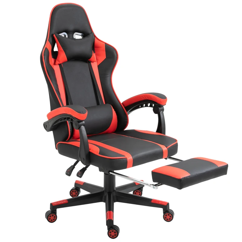 Vinsetto High Back Gaming Chair, PU Leather Racing Style Gamer Computer Chair with Retractable Footrest with Lumbar Support, Pillow and Adjustable Padded Armrests, Red