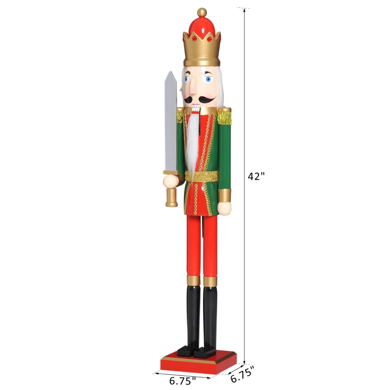 Open Box HOMCOM 42" Wooden Traditional Nutcracker King Figure with Sword - Red and Green