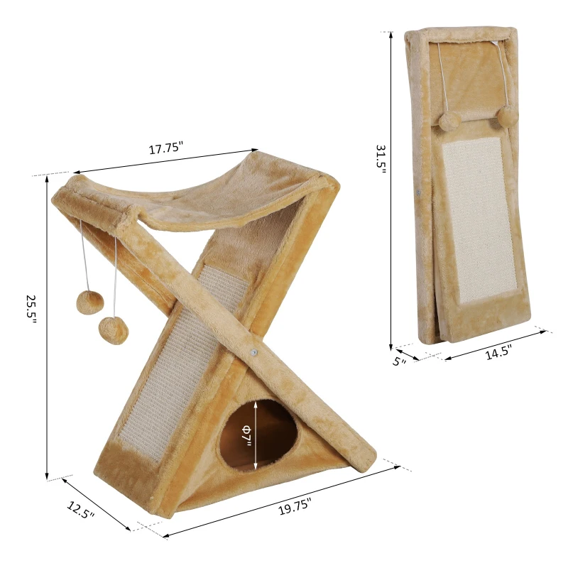 PawHut Fold-and-Store Cat Tower Kitty Activity Tree Center Scratcher Cave Hammock w/Hanging Balls Yellow