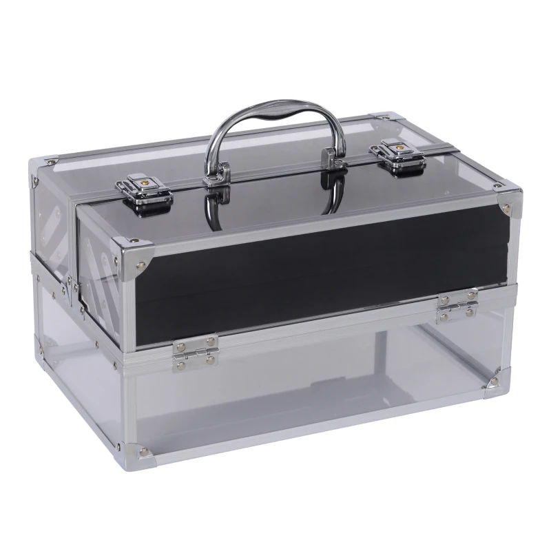 HOMCOM Portable Makeup Case Train Case Lockable Aluminum w/ 4 Trays & Bottom Drawer Sliver