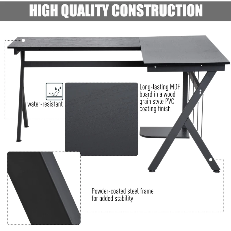 HOMCOM 61" L-Shaped Corner Computer Desk Laptop Workstation PC Table Home Office With CPU Stand Black